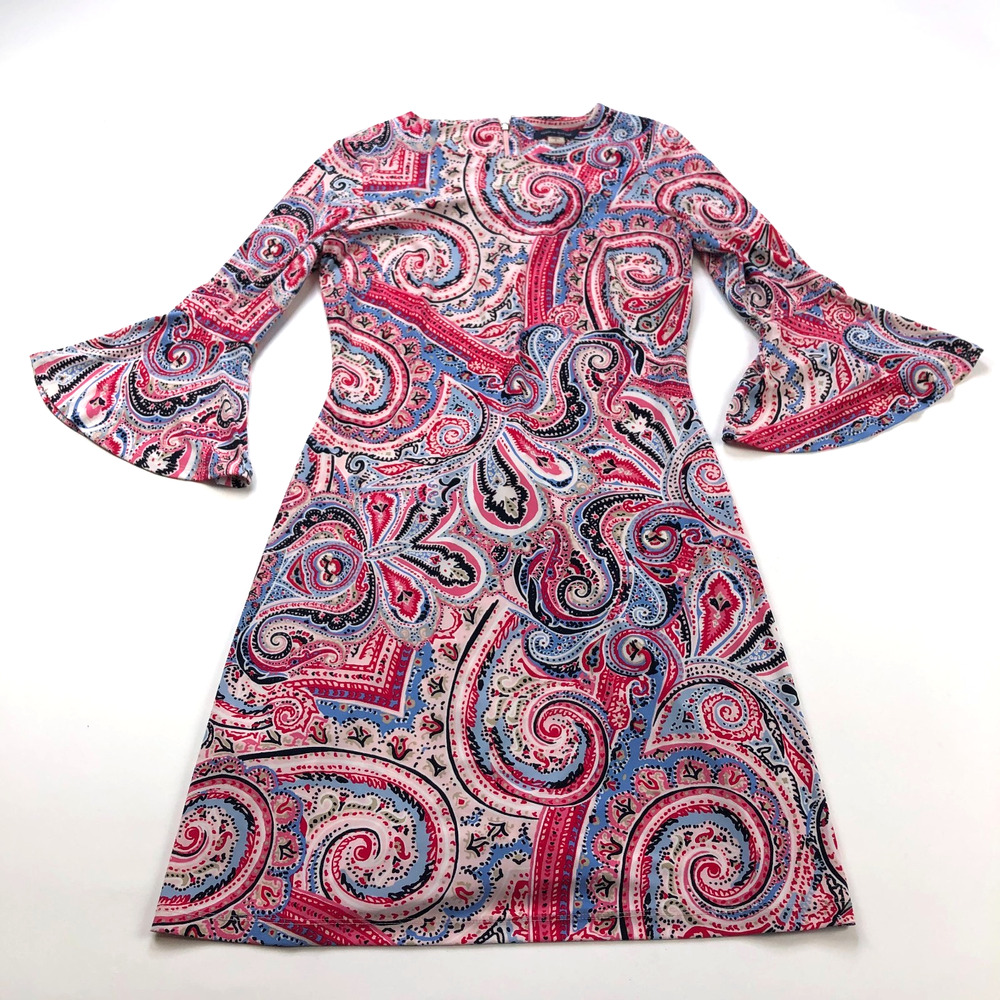 Tommy Hilfiger 2 Sheath Bell Sleeve Boat Neck Mini Above Knee Dress Paisley Pink